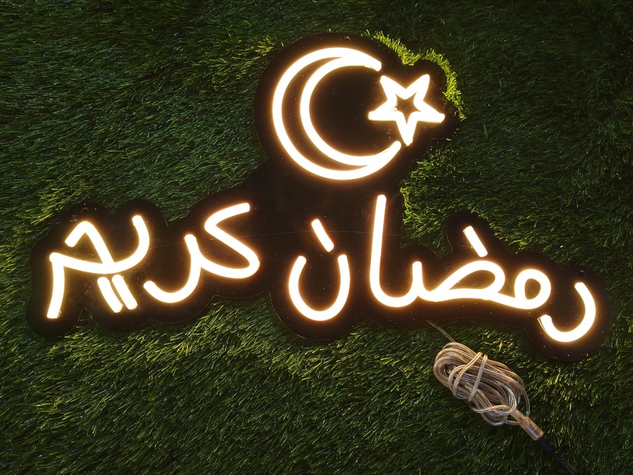 White neon sign displaying "Ramzan Kareem" with a crescent moon and star above, inspired by the Pakistani flag